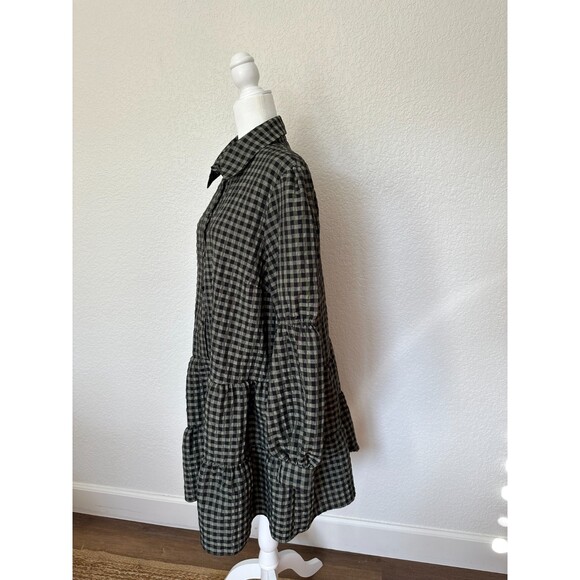River Island Long Sleeve Tiered Black Green Gingham Button Down Mini Dress Sz 14 - Picture 4 of 9